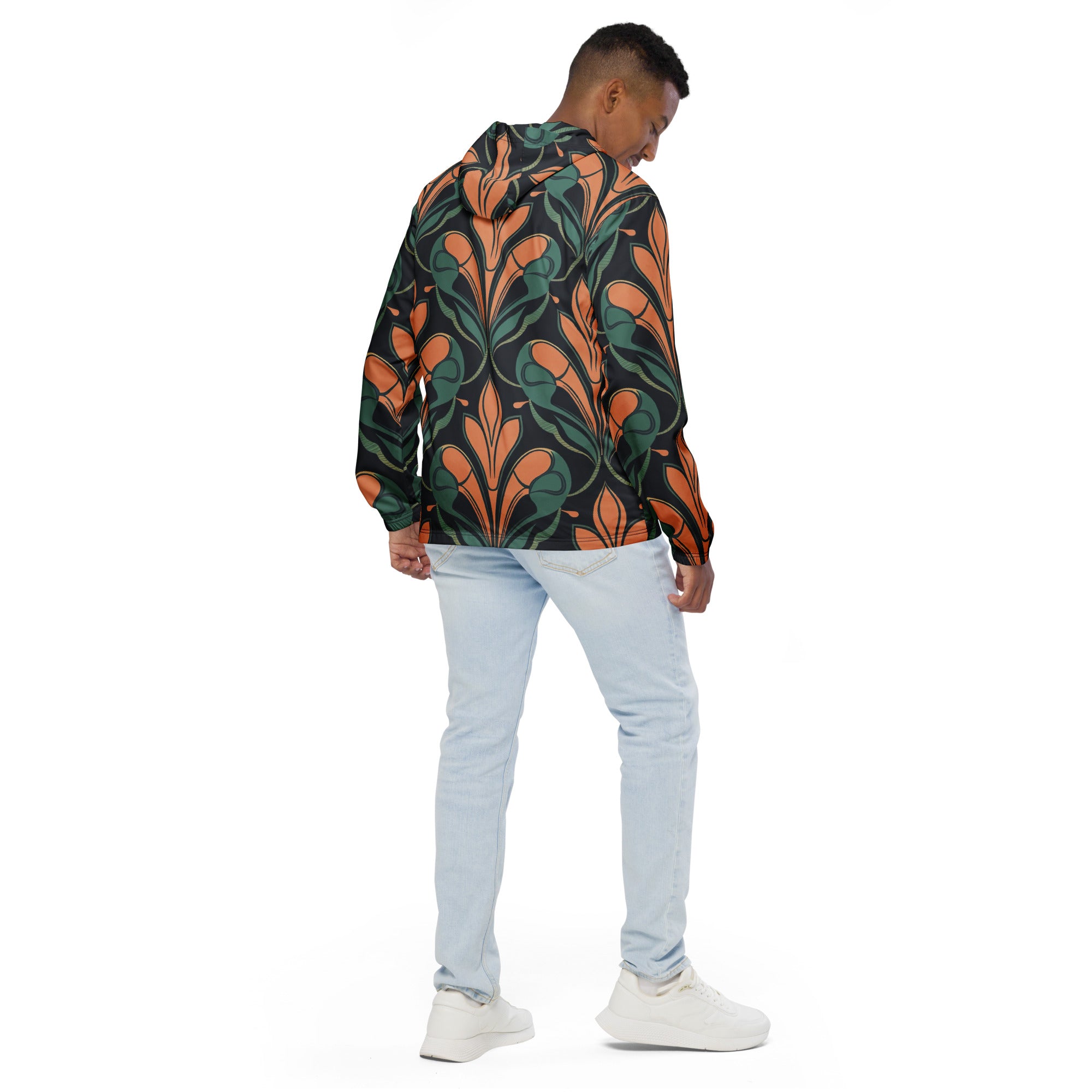 Mens Hooded Windbreaker Jacket featuring a Retro Vintage Print, showcasing its lightweight design and stylish look.