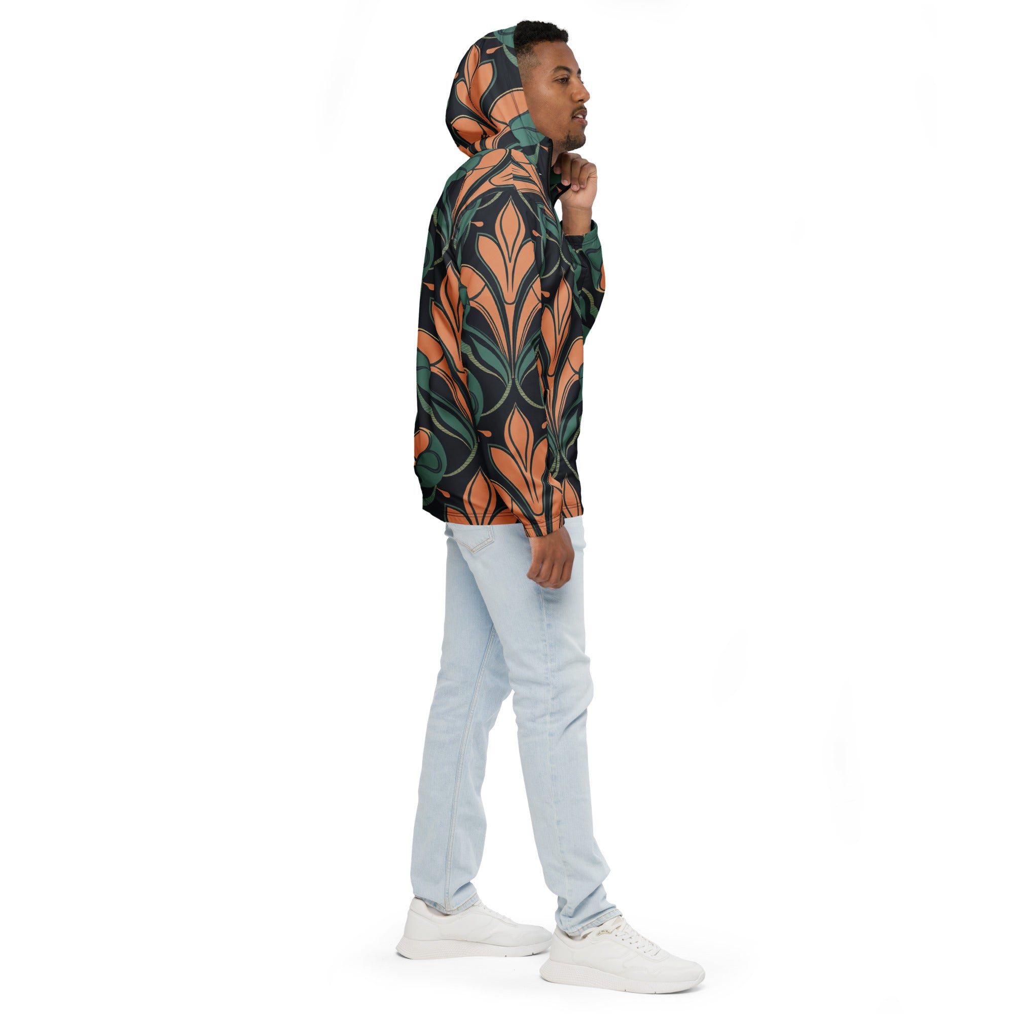 Mens Hooded Windbreaker Jacket featuring a Retro Vintage Print, showcasing its lightweight design and stylish look.