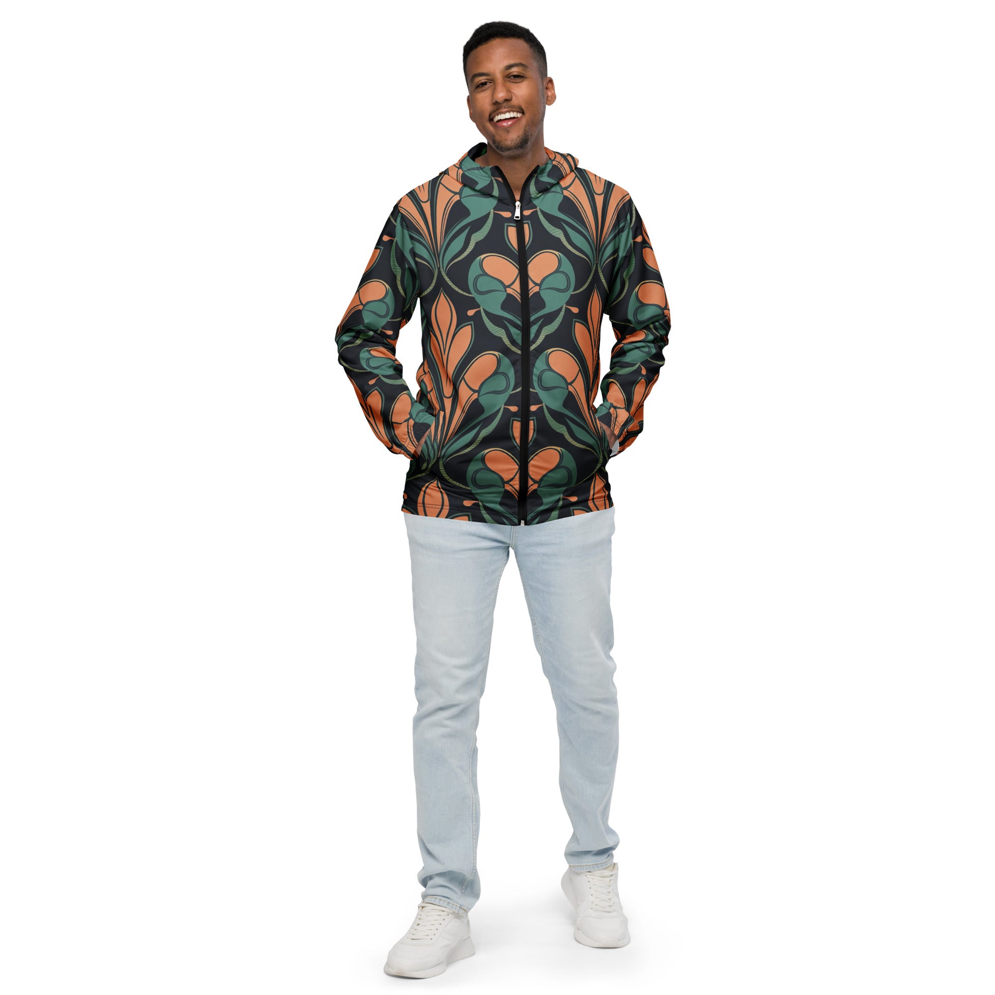 Mens Hooded Windbreaker Jacket featuring a Retro Vintage Print, showcasing its lightweight design and stylish look.