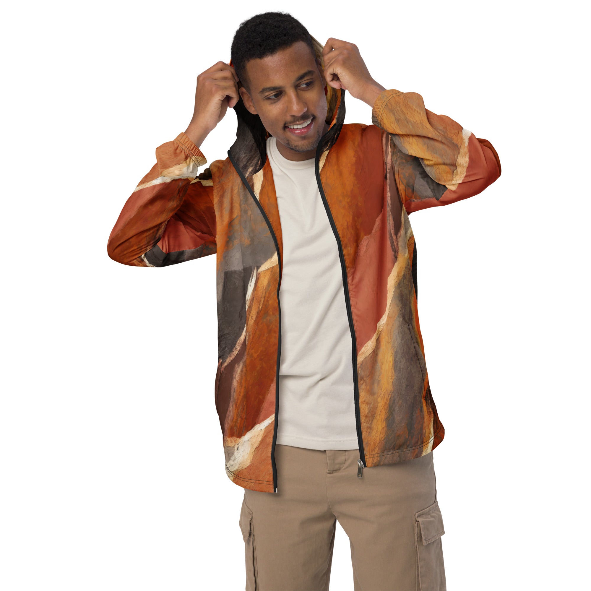 Men's Hooded Windbreaker Jacket in Rustic Brown Stone Print, showcasing its lightweight design and stylish pattern.