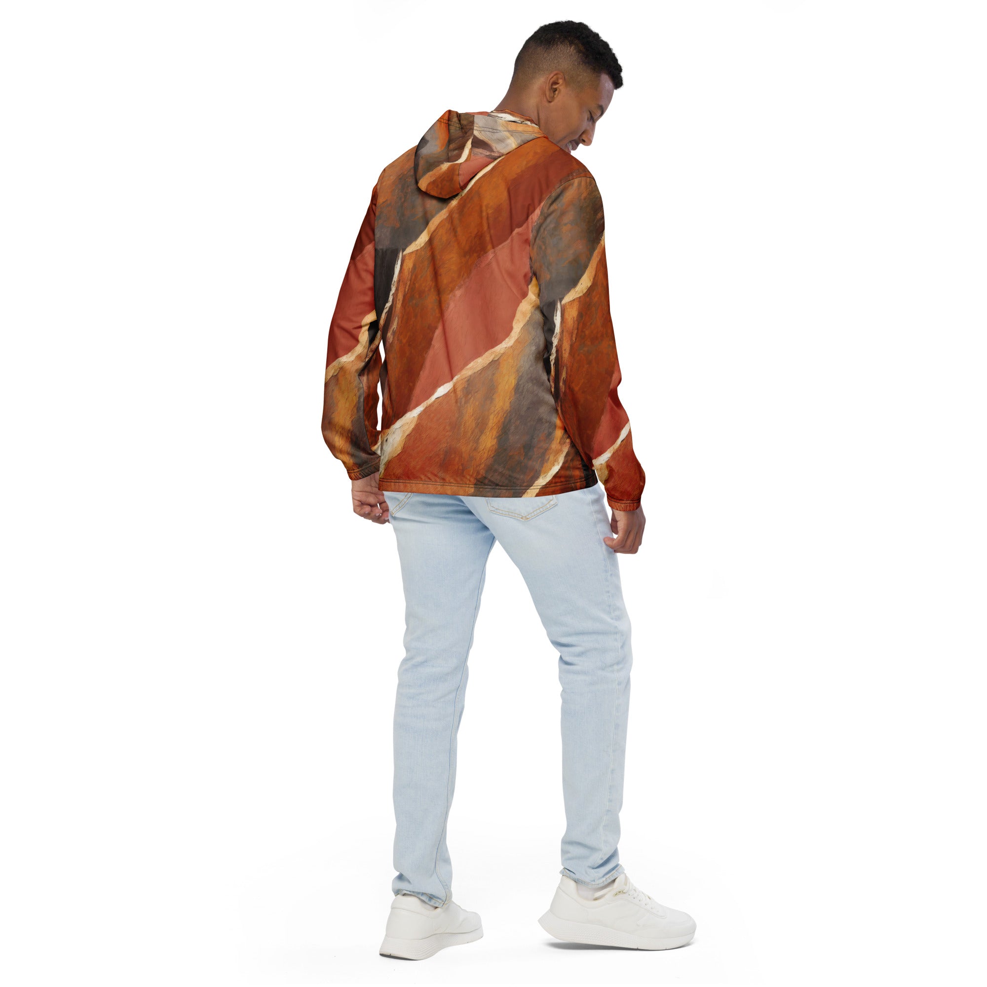 Men's Hooded Windbreaker Jacket in Rustic Brown Stone Print, showcasing its lightweight design and stylish pattern.