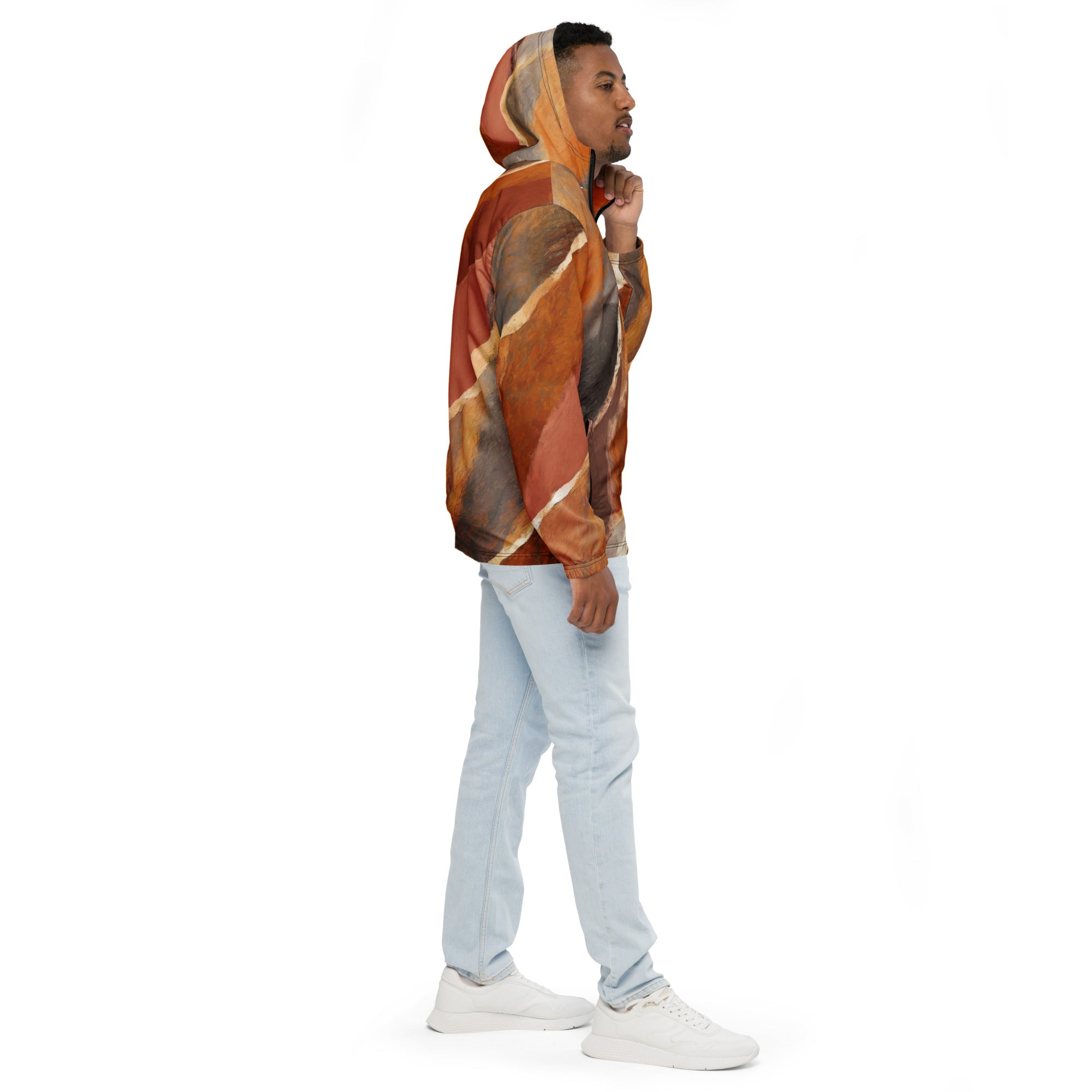 Men's Hooded Windbreaker Jacket in Rustic Brown Stone Print, showcasing its lightweight design and stylish pattern.