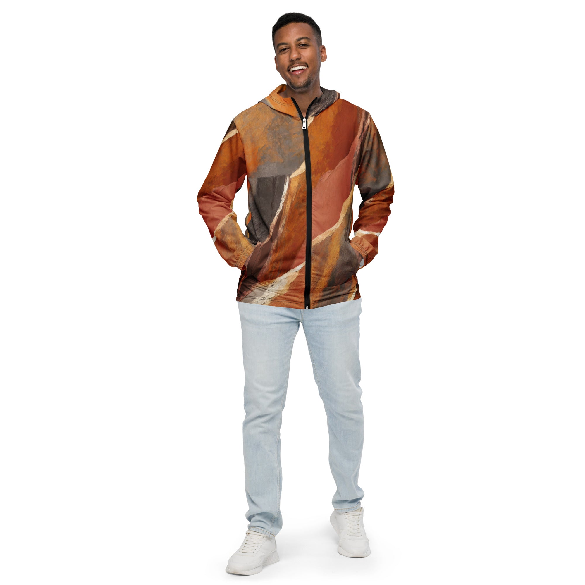 Men's Hooded Windbreaker Jacket in Rustic Brown Stone Print, showcasing its lightweight design and stylish pattern.