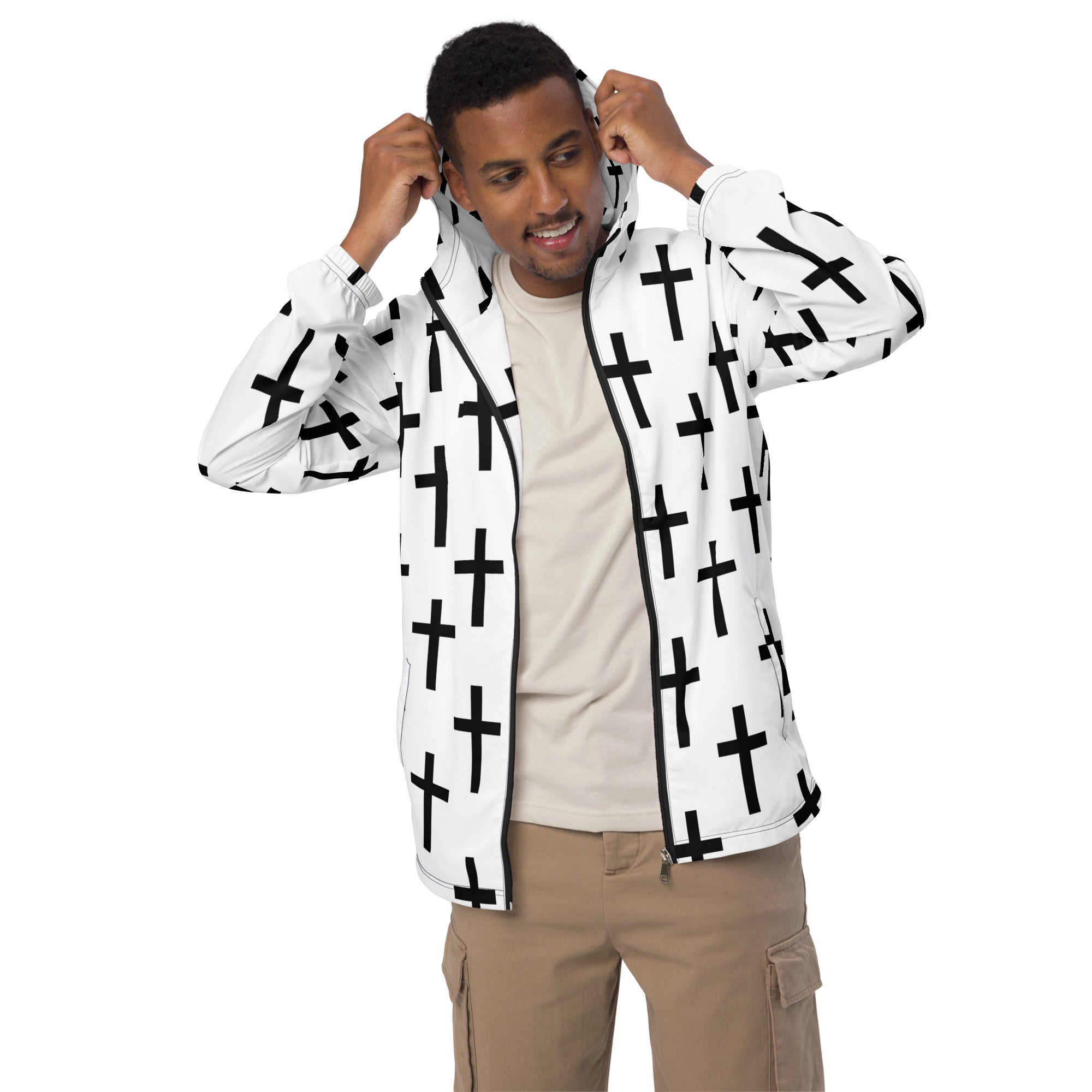 Men's Hooded Windbreaker Jacket in white and black cross print, showcasing its lightweight design and functional features.