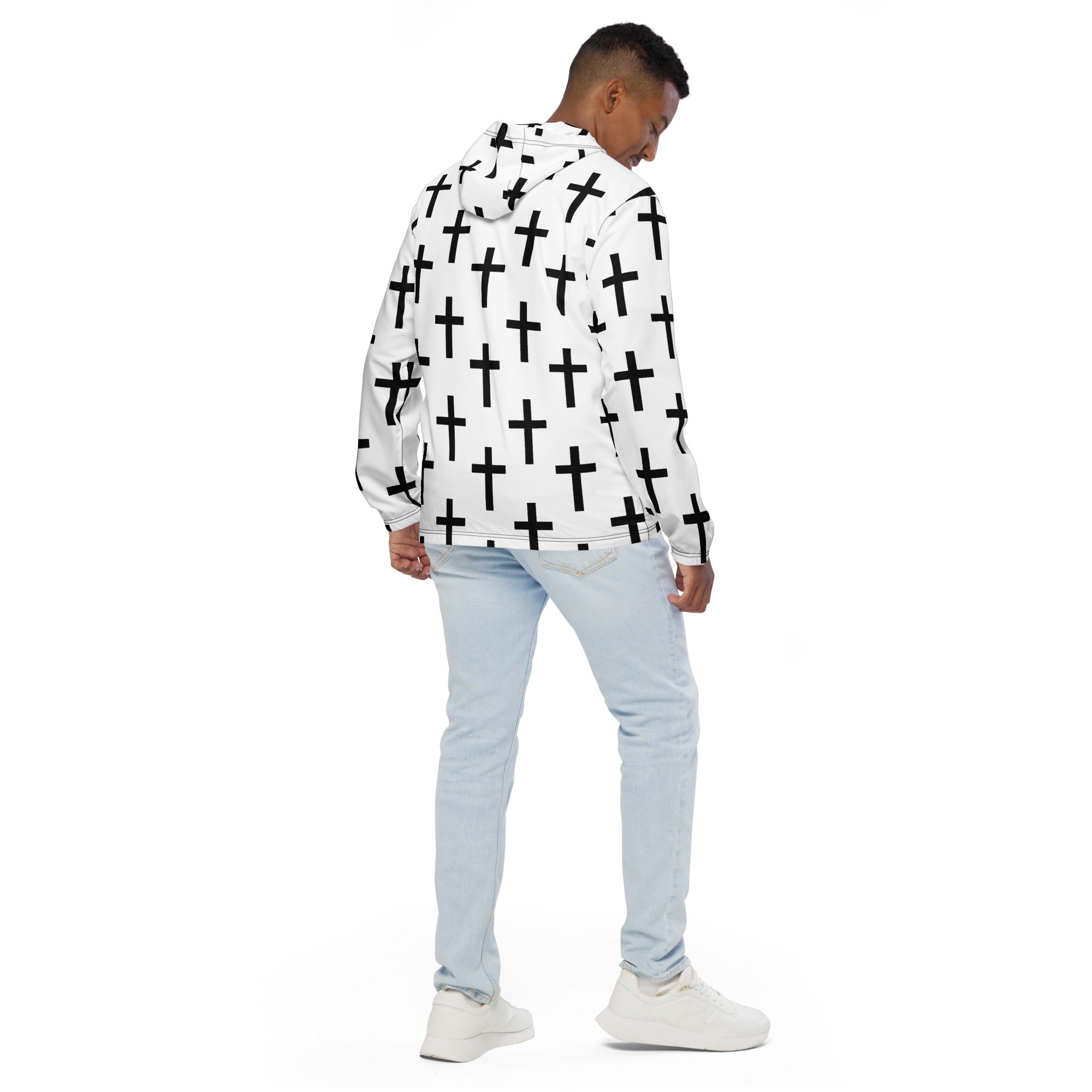 Men's Hooded Windbreaker Jacket in white and black cross print, showcasing its lightweight design and functional features.