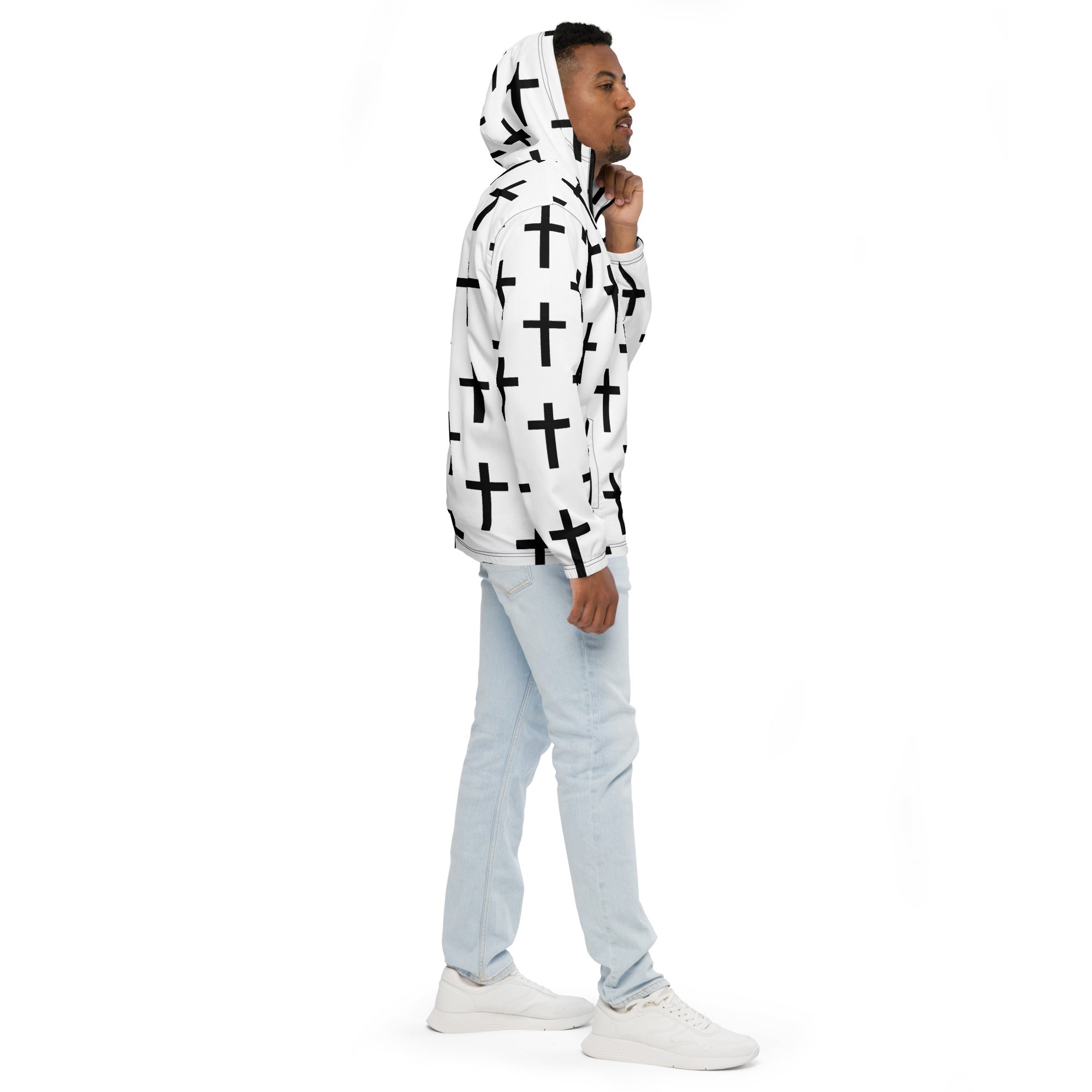 Men's Hooded Windbreaker Jacket in white and black cross print, showcasing its lightweight design and functional features.