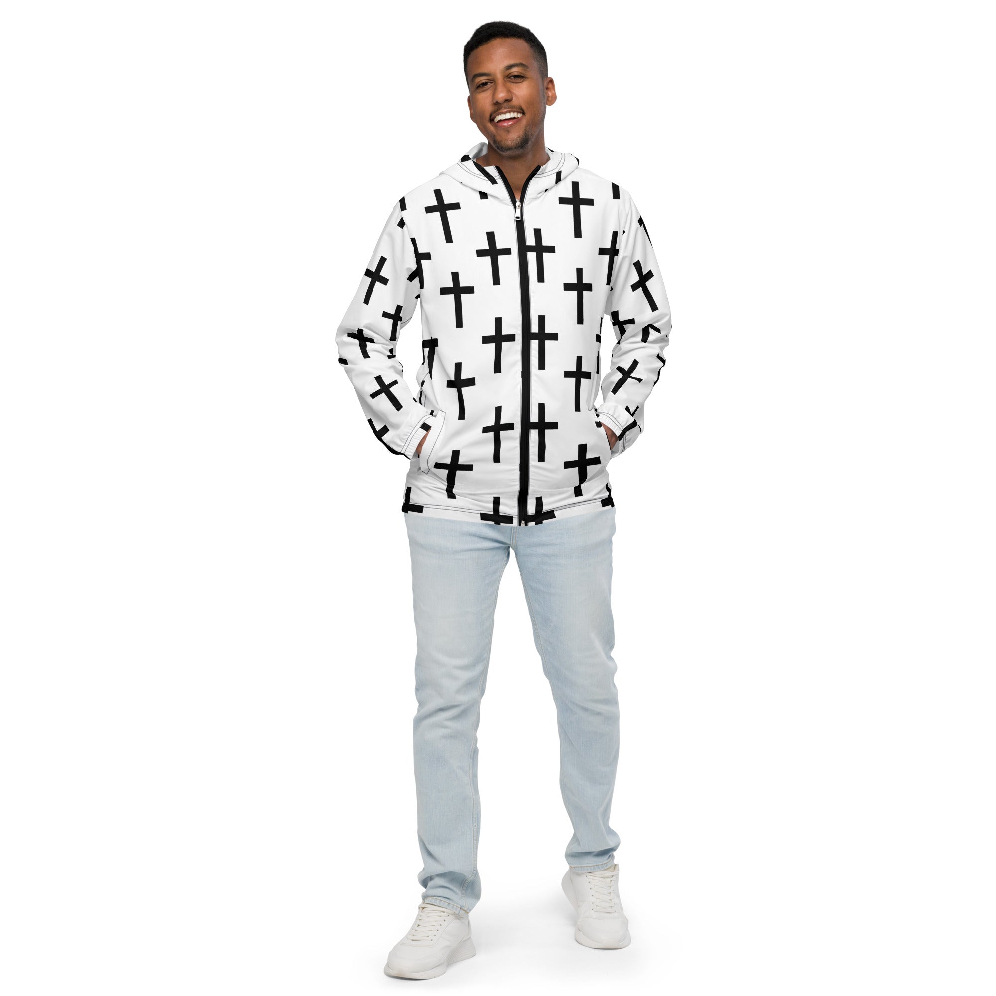 Men's Hooded Windbreaker Jacket in white and black cross print, showcasing its lightweight design and functional features.