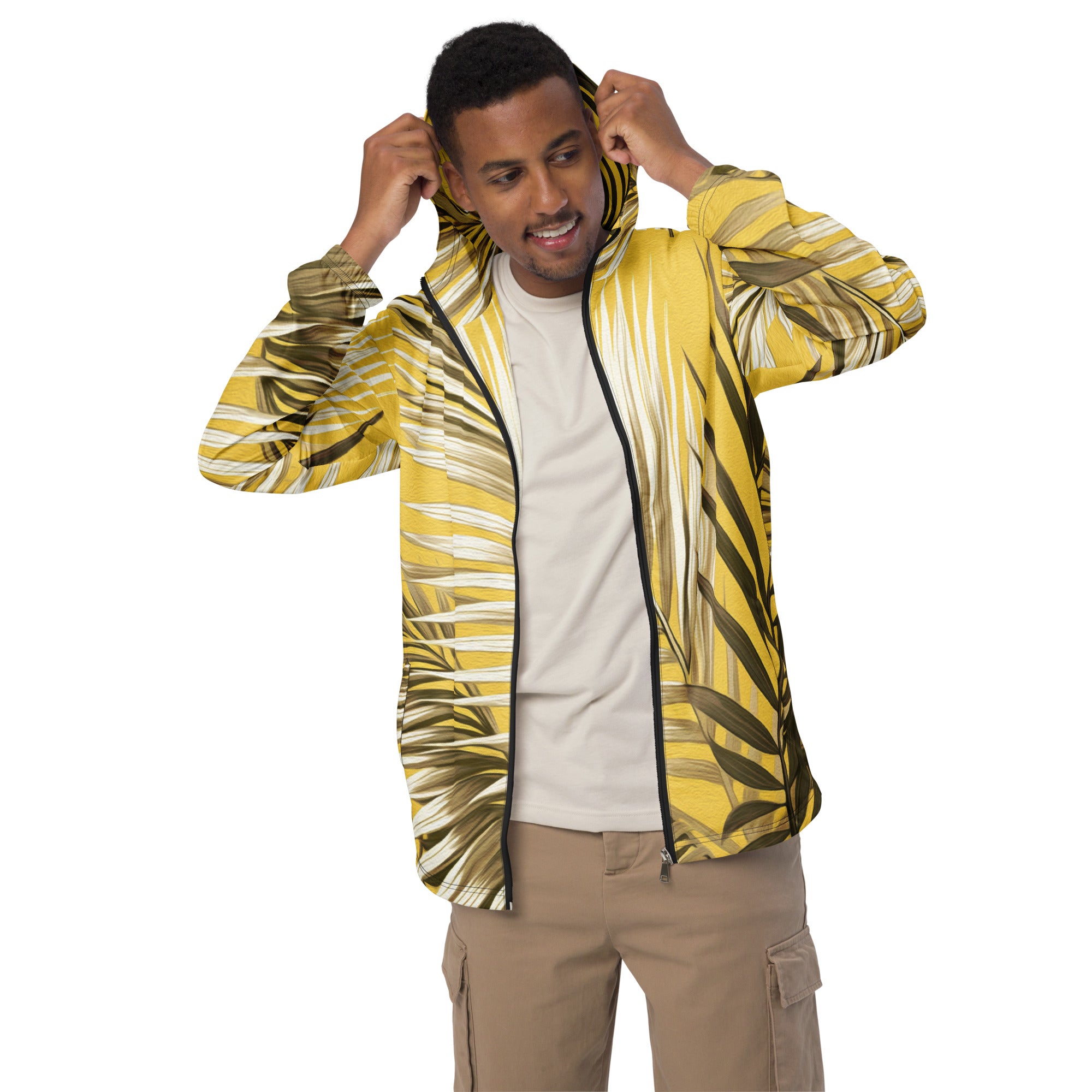 Men's Hooded Windbreaker Jacket featuring a white and brown palm leaves design, showcasing its lightweight and stylish features.