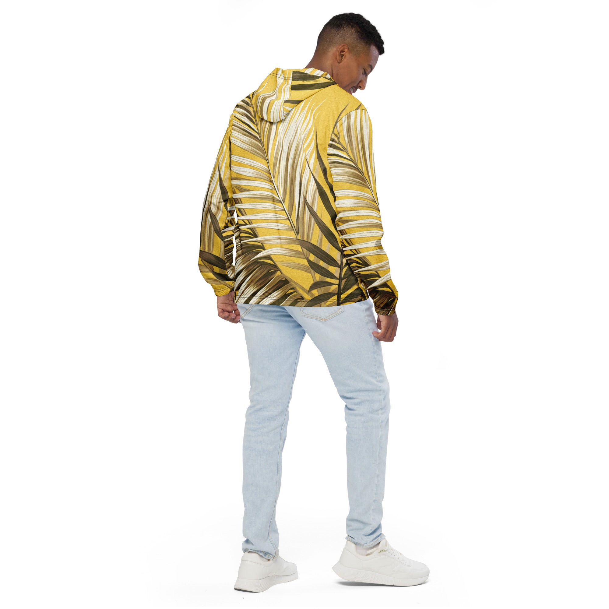 Men's Hooded Windbreaker Jacket featuring a white and brown palm leaves design, showcasing its lightweight and stylish features.