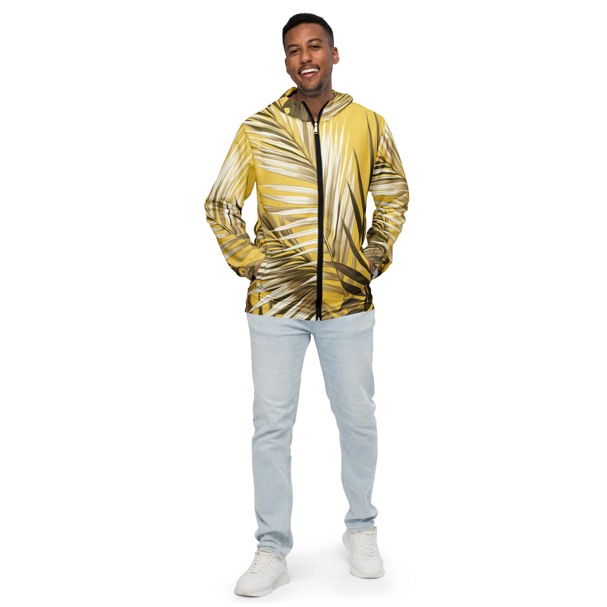 Men's Hooded Windbreaker Jacket featuring a white and brown palm leaves design, showcasing its lightweight and stylish features.