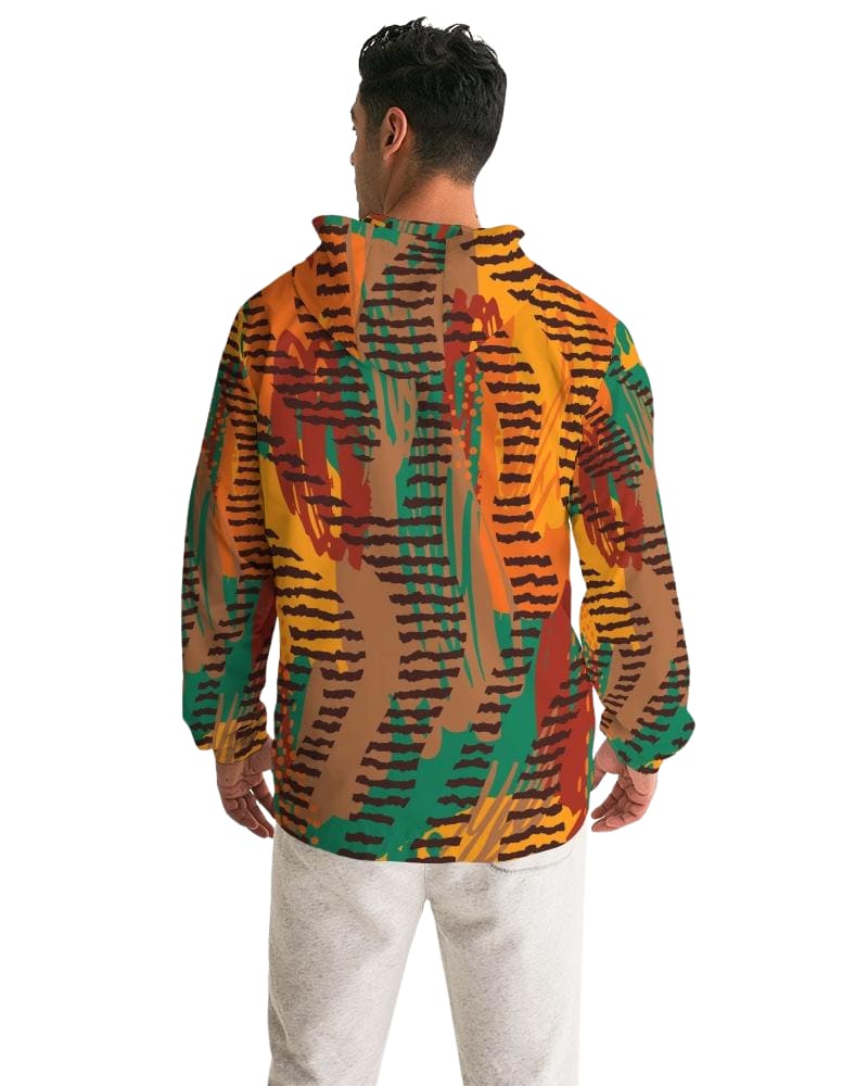 Men's Hooded Windbreaker in multicolor with tribal design, showcasing lightweight and water-resistant fabric, elastic cuffs, and zip pockets.