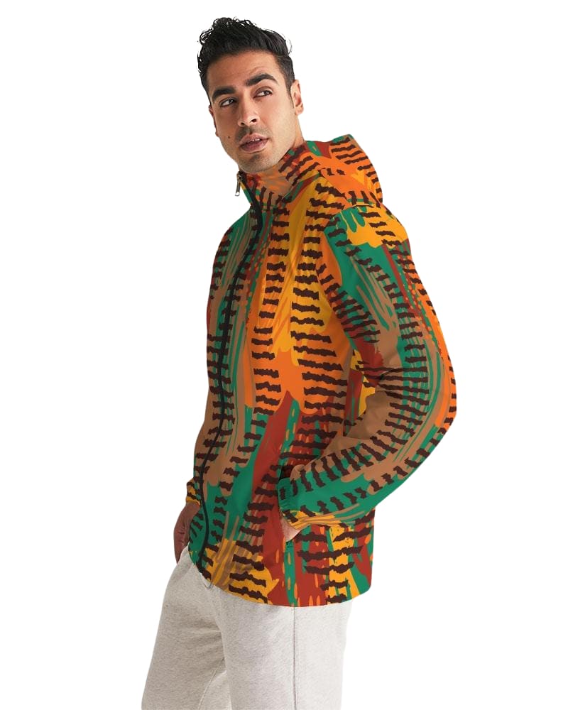 Men's Hooded Windbreaker in multicolor with tribal design, showcasing lightweight and water-resistant fabric, elastic cuffs, and zip pockets.