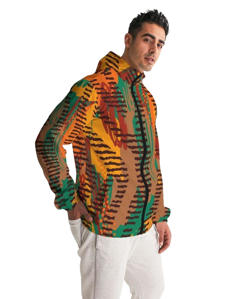 Men's Hooded Windbreaker in multicolor with tribal design, showcasing lightweight and water-resistant fabric, elastic cuffs, and zip pockets.