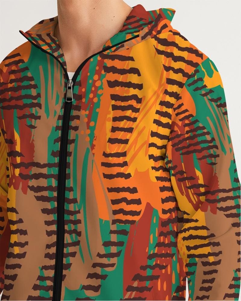 Men's Hooded Windbreaker in multicolor with tribal design, showcasing lightweight and water-resistant fabric, elastic cuffs, and zip pockets.