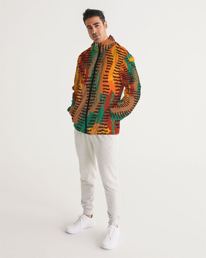 Men's Hooded Windbreaker in multicolor with tribal design, showcasing lightweight and water-resistant fabric, elastic cuffs, and zip pockets.