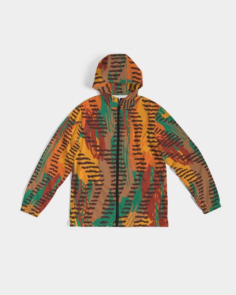 Men's Hooded Windbreaker in multicolor with tribal design, showcasing lightweight and water-resistant fabric, elastic cuffs, and zip pockets.