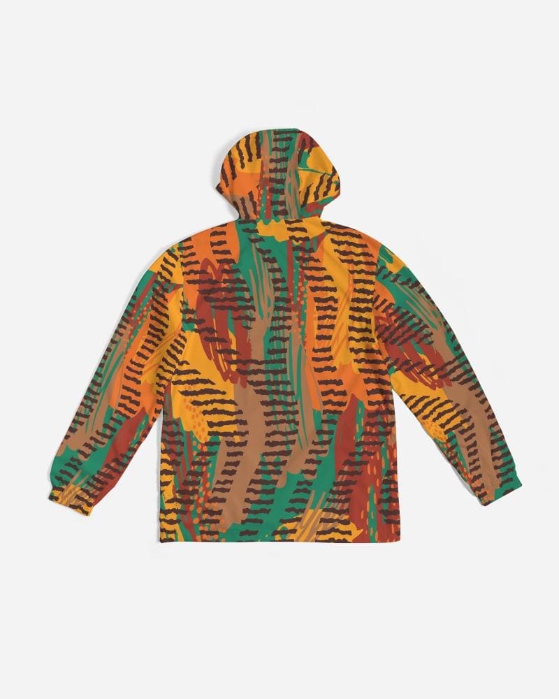 Men's Hooded Windbreaker in multicolor with tribal design, showcasing lightweight and water-resistant fabric, elastic cuffs, and zip pockets.