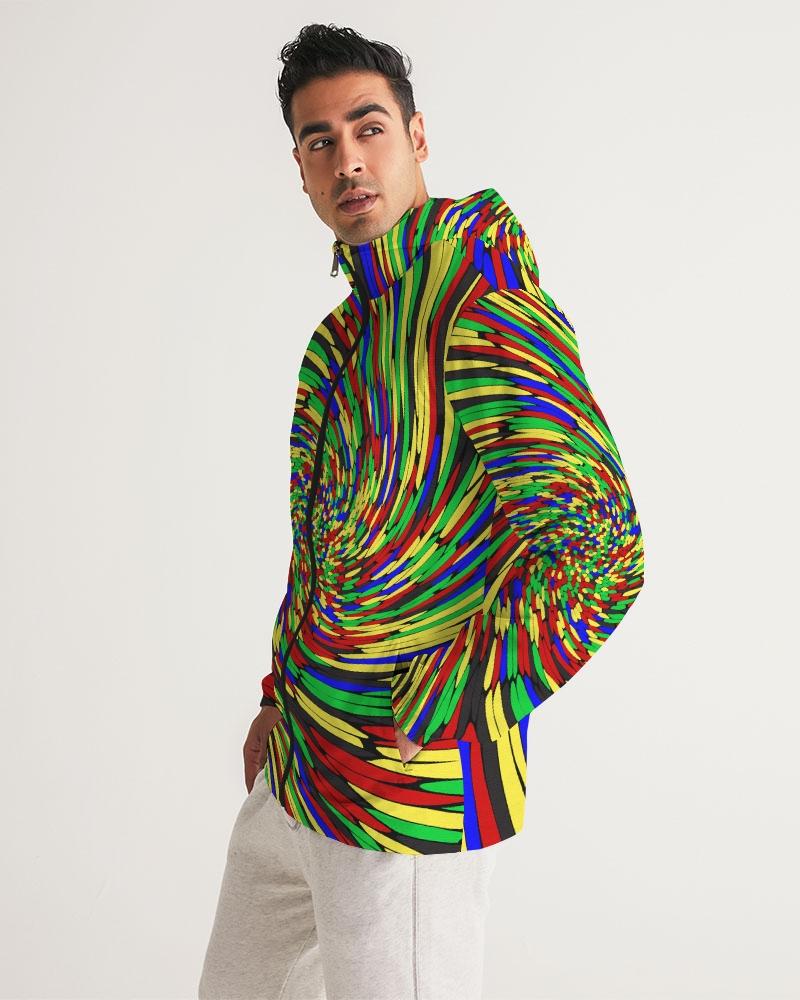 Men's Hooded Windbreaker in multicolor swirl print, showcasing its lightweight and water-resistant fabric with a stylish design.