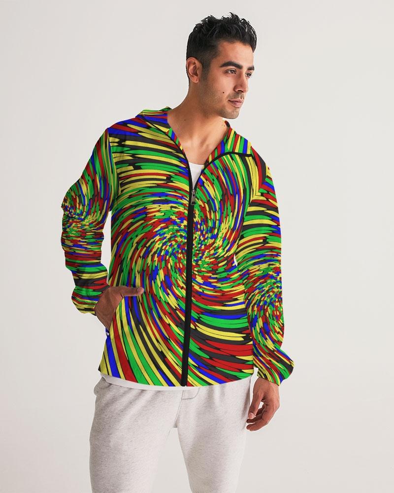 Men's Hooded Windbreaker in multicolor swirl print, showcasing its lightweight and water-resistant fabric with a stylish design.