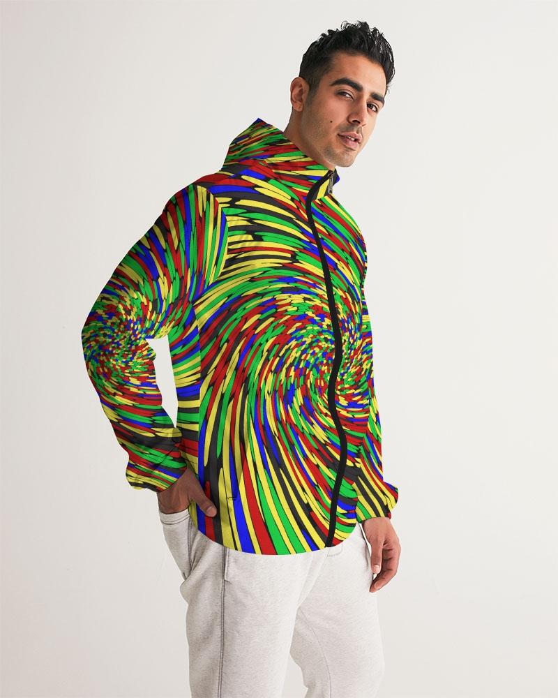 Men's Hooded Windbreaker in multicolor swirl print, showcasing its lightweight and water-resistant fabric with a stylish design.