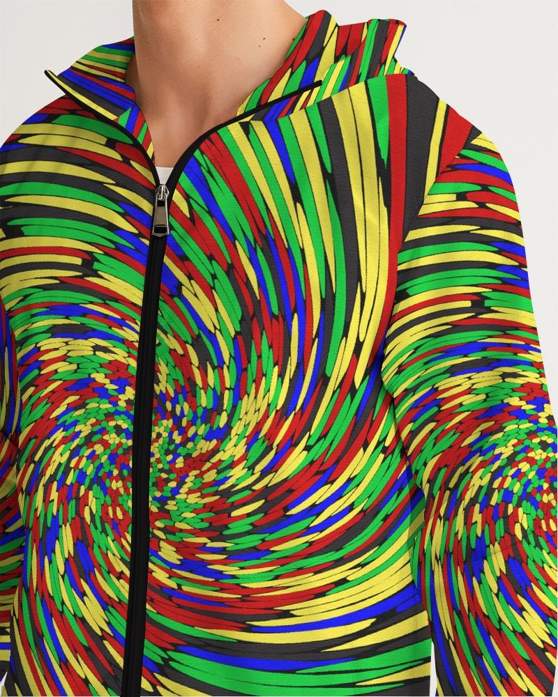 Men's Hooded Windbreaker in multicolor swirl print, showcasing its lightweight and water-resistant fabric with a stylish design.