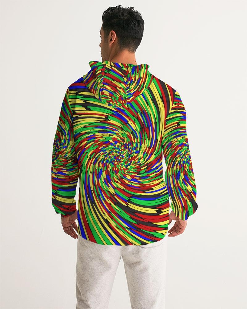 Men's Hooded Windbreaker in multicolor swirl print, showcasing its lightweight and water-resistant fabric with a stylish design.