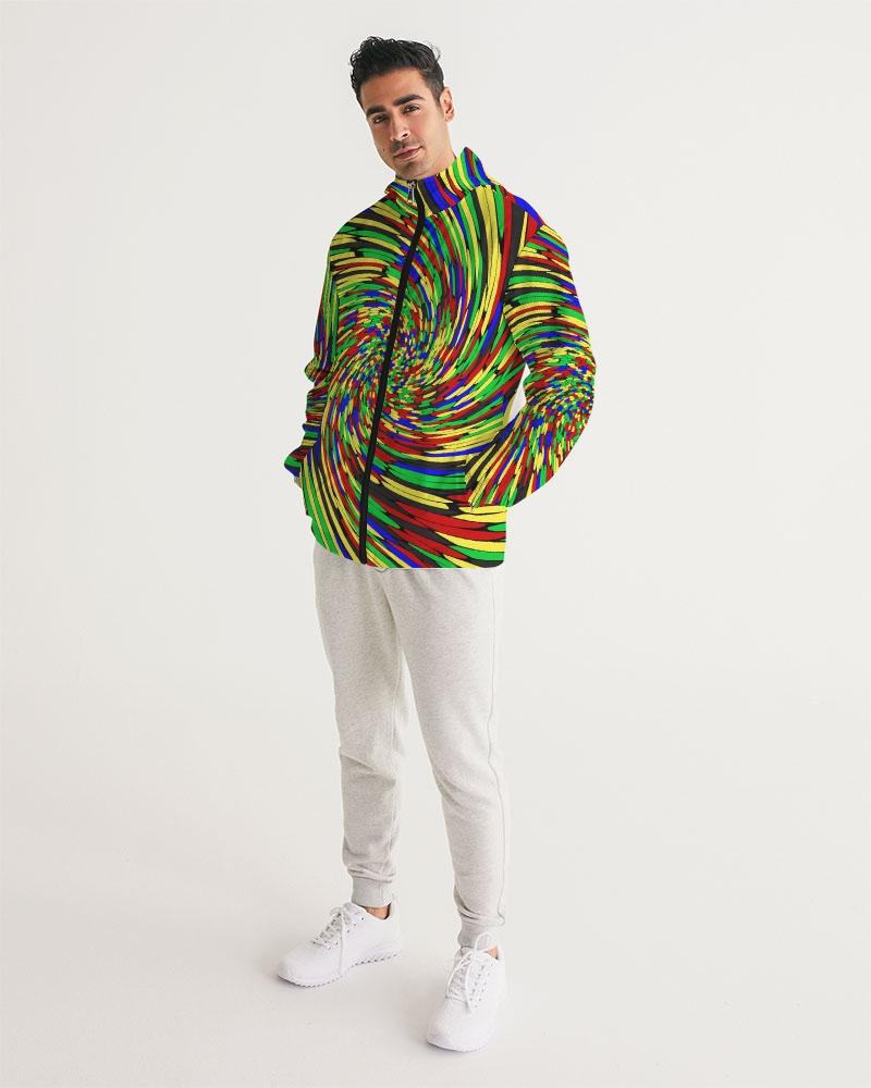 Men's Hooded Windbreaker in multicolor swirl print, showcasing its lightweight and water-resistant fabric with a stylish design.