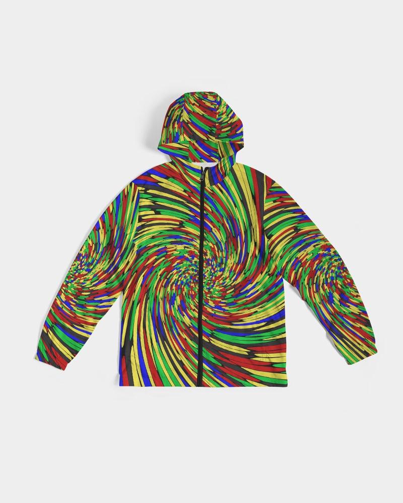 Men's Hooded Windbreaker in multicolor swirl print, showcasing its lightweight and water-resistant fabric with a stylish design.