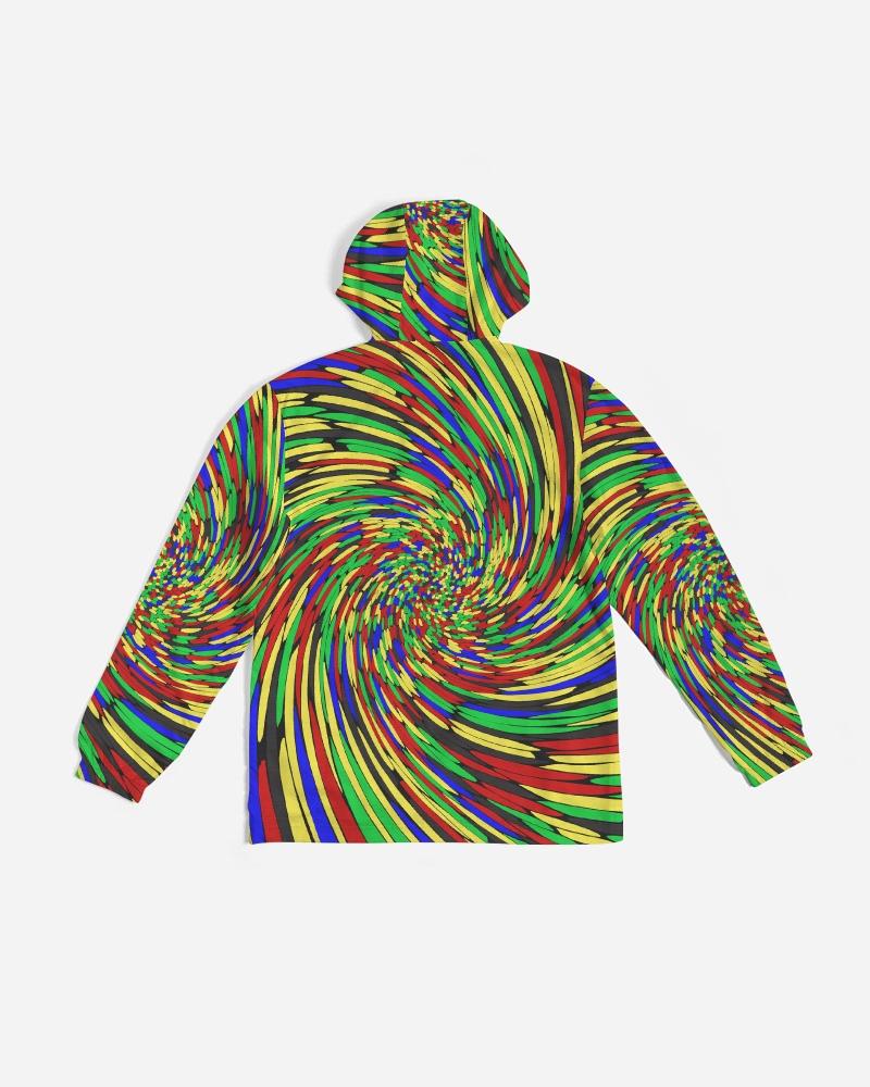 Men's Hooded Windbreaker in multicolor swirl print, showcasing its lightweight and water-resistant fabric with a stylish design.