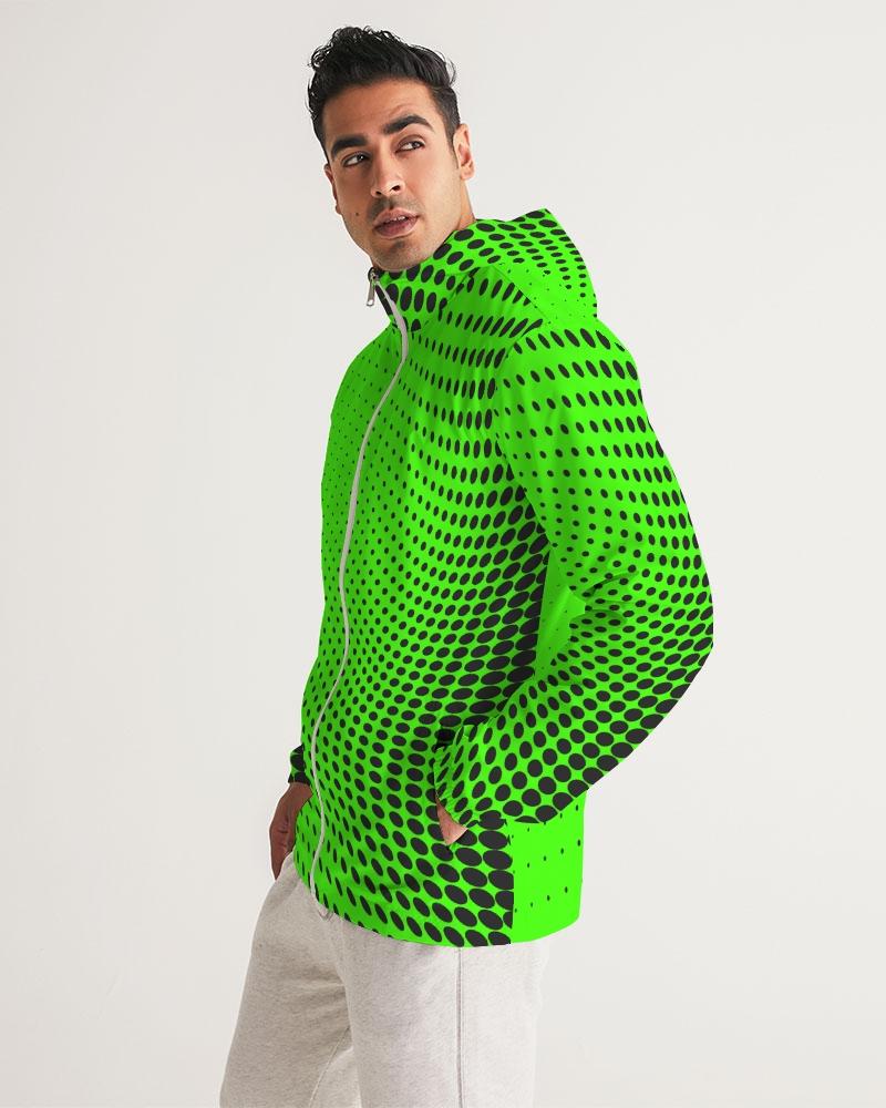 Men's Hooded Windbreaker in Neon Green Polka Dot, showcasing a lightweight, water-resistant design with elastic cuffs and zip pockets.