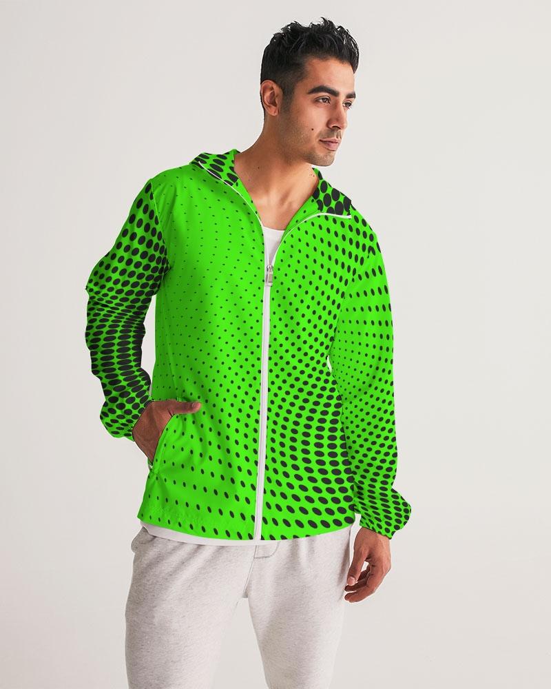 Men's Hooded Windbreaker in Neon Green Polka Dot, showcasing a lightweight, water-resistant design with elastic cuffs and zip pockets.