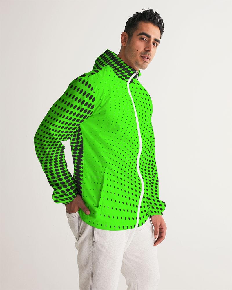 Men's Hooded Windbreaker in Neon Green Polka Dot, showcasing a lightweight, water-resistant design with elastic cuffs and zip pockets.