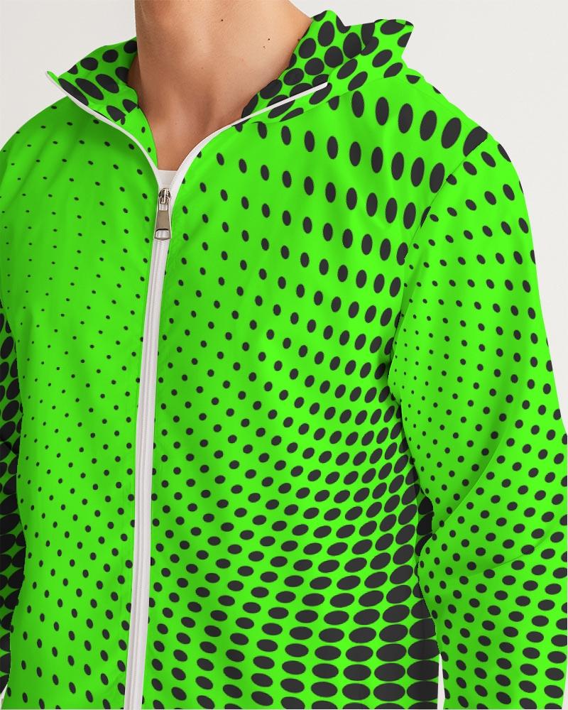 Men's Hooded Windbreaker in Neon Green Polka Dot, showcasing a lightweight, water-resistant design with elastic cuffs and zip pockets.