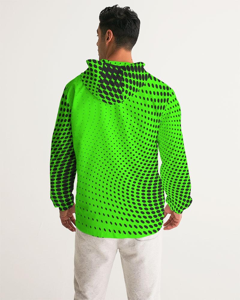 Men's Hooded Windbreaker in Neon Green Polka Dot, showcasing a lightweight, water-resistant design with elastic cuffs and zip pockets.