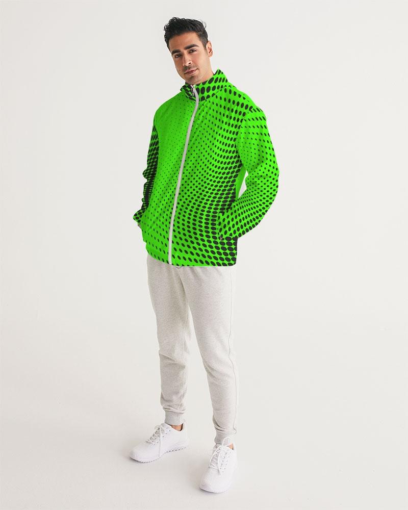 Men's Hooded Windbreaker in Neon Green Polka Dot, showcasing a lightweight, water-resistant design with elastic cuffs and zip pockets.