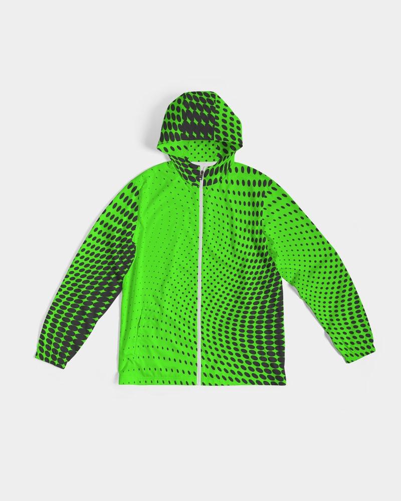 Men's Hooded Windbreaker in Neon Green Polka Dot, showcasing a lightweight, water-resistant design with elastic cuffs and zip pockets.