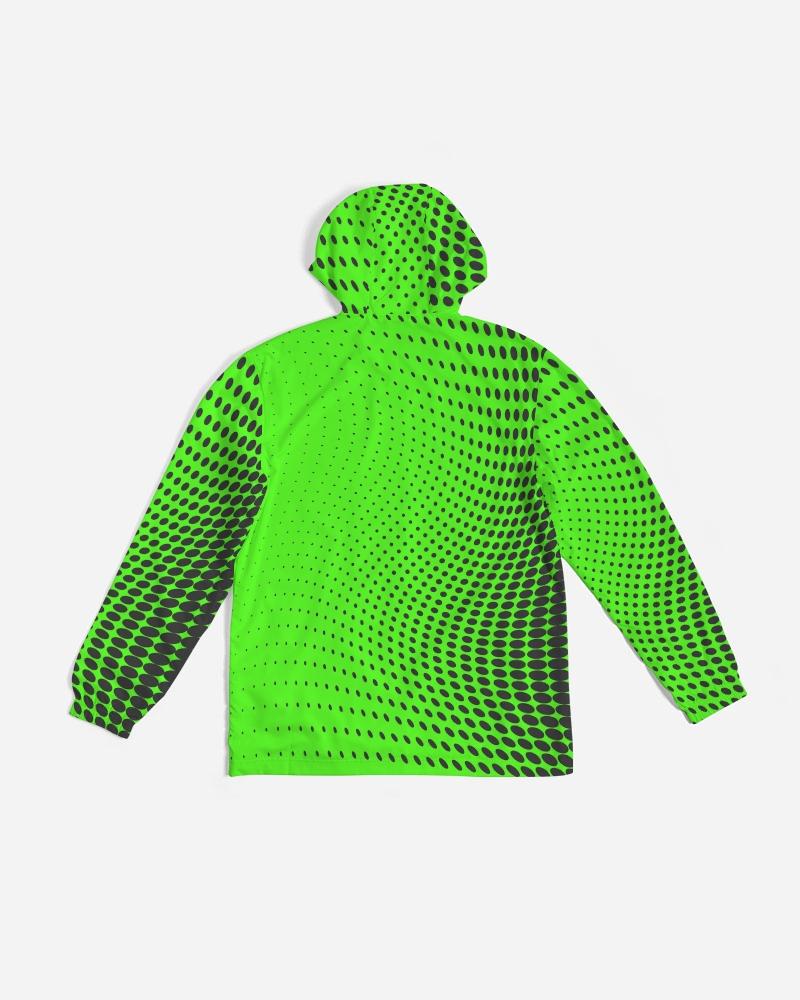 Men's Hooded Windbreaker in Neon Green Polka Dot, showcasing a lightweight, water-resistant design with elastic cuffs and zip pockets.