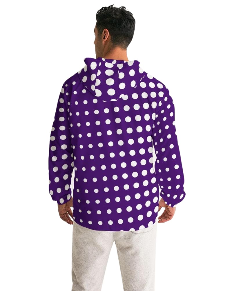 Men's Hooded Windbreaker in Purple Polka Dot design, showcasing its lightweight and water-resistant fabric with elastic cuffs and zip pockets.