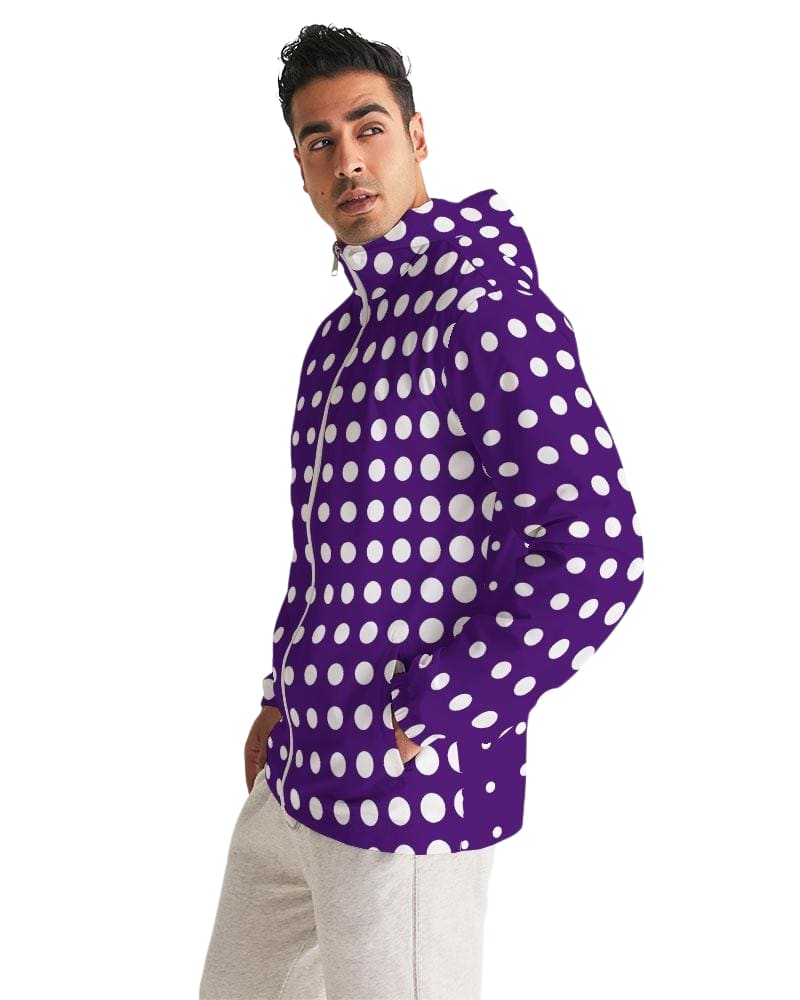 Men's Hooded Windbreaker in Purple Polka Dot design, showcasing its lightweight and water-resistant fabric with elastic cuffs and zip pockets.