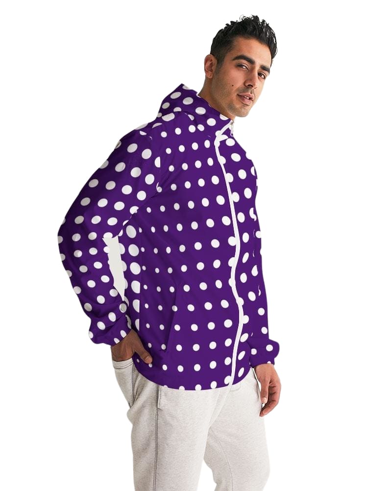 Men's Hooded Windbreaker in Purple Polka Dot design, showcasing its lightweight and water-resistant fabric with elastic cuffs and zip pockets.