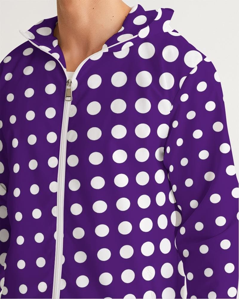 Men's Hooded Windbreaker in Purple Polka Dot design, showcasing its lightweight and water-resistant fabric with elastic cuffs and zip pockets.