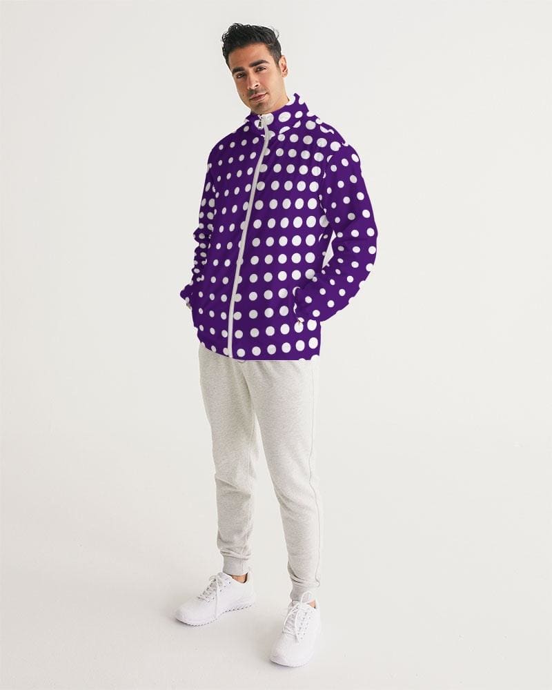 Men's Hooded Windbreaker in Purple Polka Dot design, showcasing its lightweight and water-resistant fabric with elastic cuffs and zip pockets.