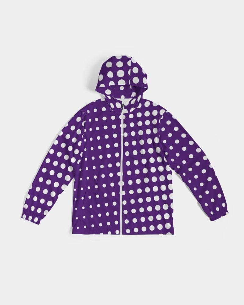 Men's Hooded Windbreaker in Purple Polka Dot design, showcasing its lightweight and water-resistant fabric with elastic cuffs and zip pockets.