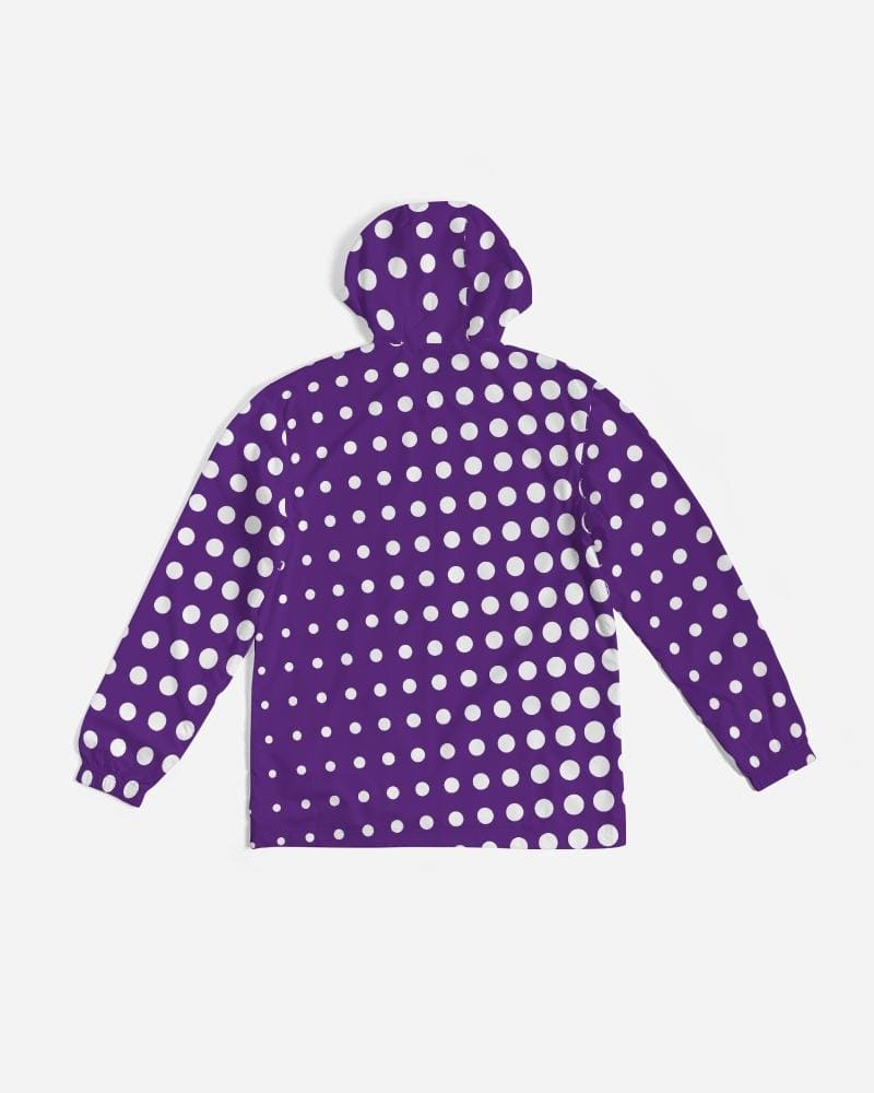 Men's Hooded Windbreaker in Purple Polka Dot design, showcasing its lightweight and water-resistant fabric with elastic cuffs and zip pockets.