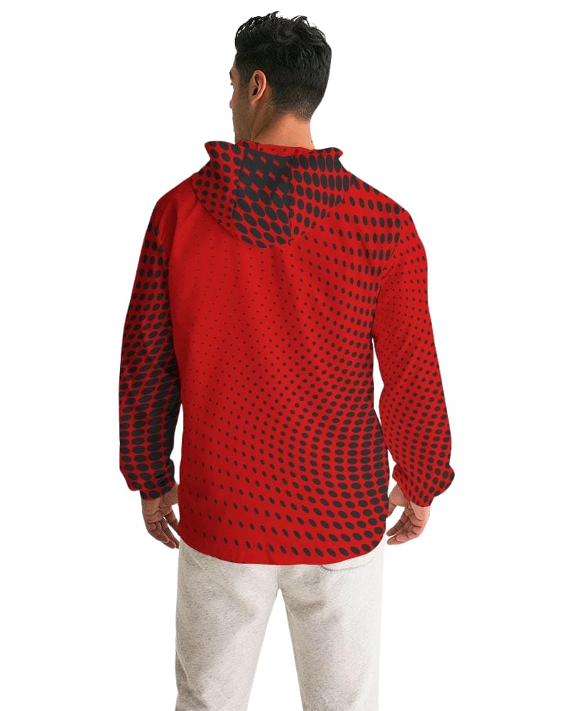 Men's Hooded Windbreaker in red polka dot design, showcasing its lightweight and water-resistant fabric.