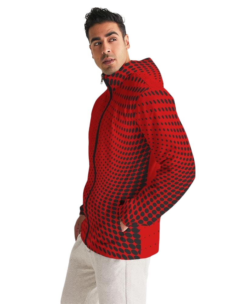 Men's Hooded Windbreaker in red polka dot design, showcasing its lightweight and water-resistant fabric.