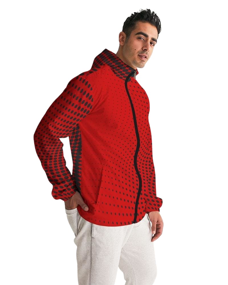 Men's Hooded Windbreaker in red polka dot design, showcasing its lightweight and water-resistant fabric.