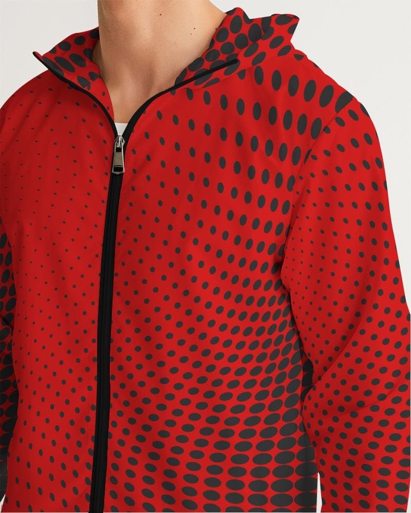 Men's Hooded Windbreaker in red polka dot design, showcasing its lightweight and water-resistant fabric.