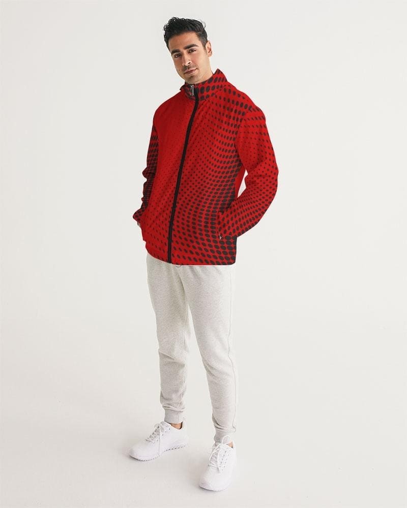 Men's Hooded Windbreaker in red polka dot design, showcasing its lightweight and water-resistant fabric.