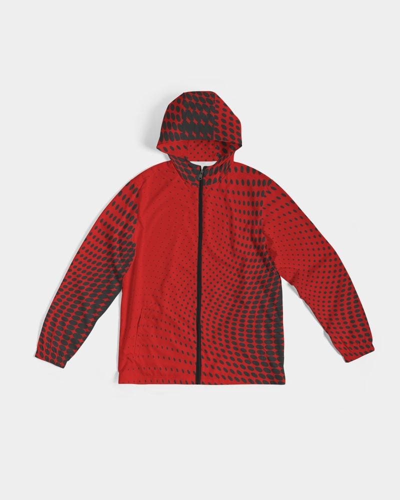 Men's Hooded Windbreaker in red polka dot design, showcasing its lightweight and water-resistant fabric.